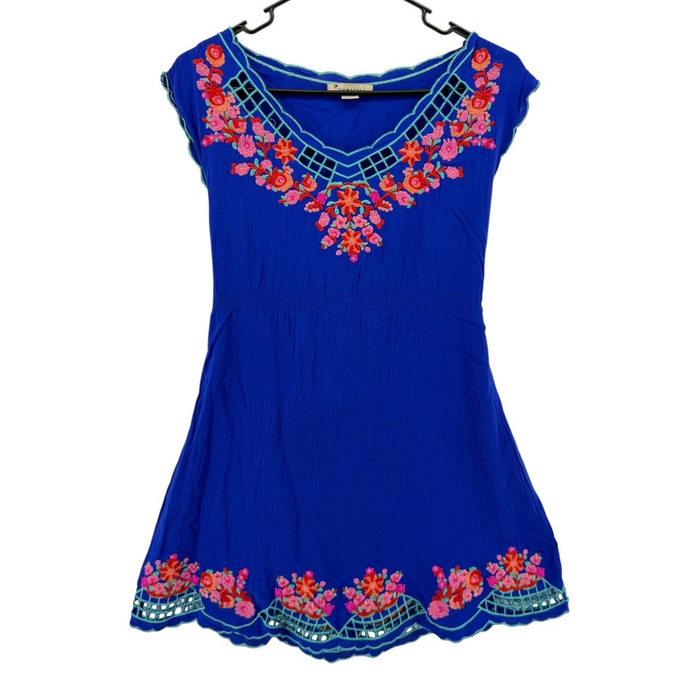Vintage Twentyone Womens Small Blue Embroidered Floral Mini Dress Boho Scalloped